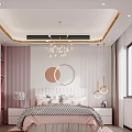 Modern Bedroom Interior With Pink White Striped Walls Gold Trim Ceiling And Chandelier
