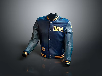 Stylish Dark Blue Jacket With Yellow IMM Lettering Leather Sleeves And Striped Trim 3d model