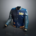 Stylish Dark Blue Jacket With Yellow IMM Lettering Leather Sleeves And Striped Trim