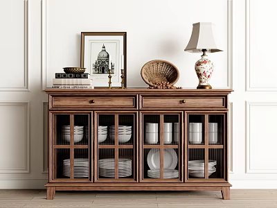 Classic Wooden Sideboard Cabinet With Table Lamp Framed Artwork Decorative Bowl And Glass Door Storage For Dishes 3d model