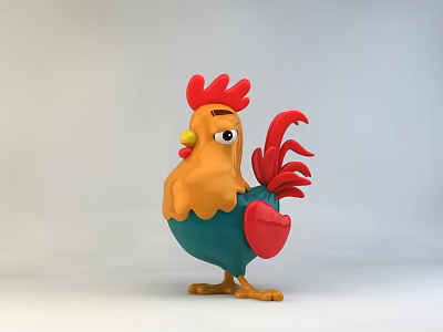 Cute Colorful Rooster Stuffed Toy with Red Comb Orange Neck Blue Body and Red Tail 3d model