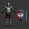 Medieval Armored Figure With Silver Armor Red Accents Shield And Sword