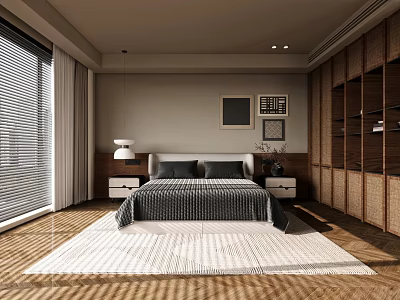 Modern Bedroom Interior With Wooden Flooring White Carpet Bedside Tables Wall Art And Wardrobe 3d model
