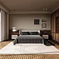 Modern Bedroom Interior With Wooden Flooring White Carpet Bedside Tables Wall Art And Wardrobe