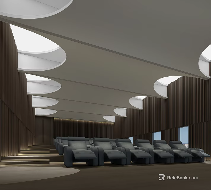 Modern Cinema Interior Featuring Gray Sofa Seats Stepped Seating Wooden Walls And Circular White Lights 3d model 