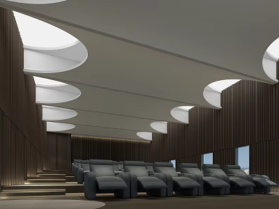 Modern Cinema Interior Featuring Gray Sofa Seats Stepped Seating Wooden Walls And Circular White Lights 3d model