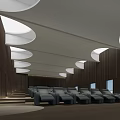 Modern Cinema Interior Featuring Gray Sofa Seats Stepped Seating Wooden Walls And Circular White Lights