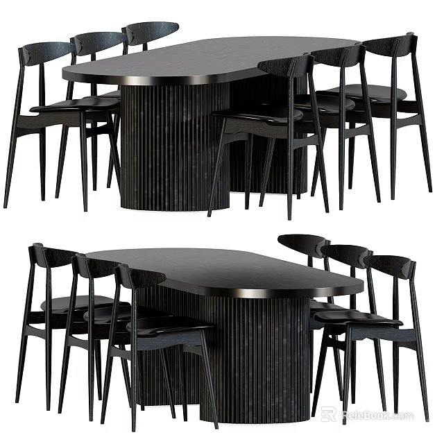 Modern Black Dining Table Set With Stylish Chairs And Metal Base Design 3d model