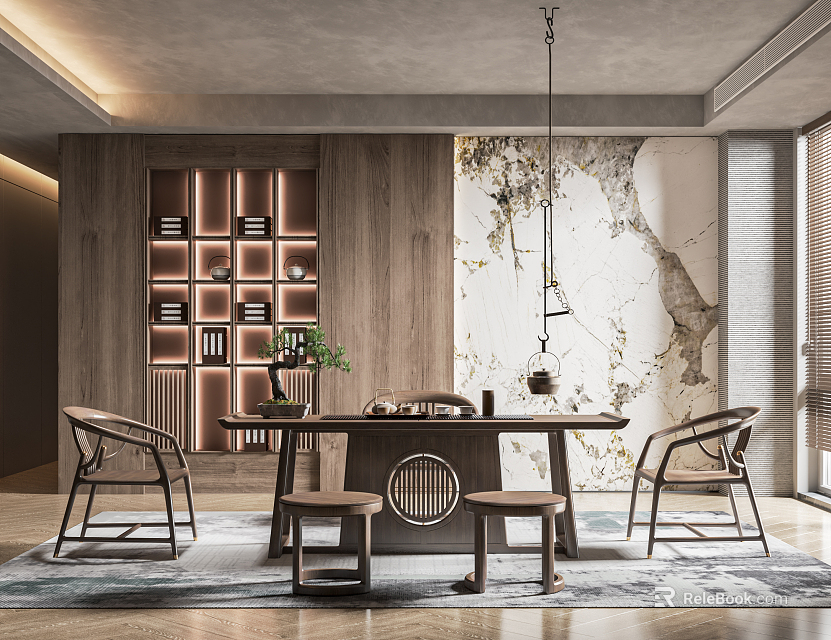 Elegant Tea Room Interior With Wooden Table Chairs Bookshelf Tea Set And Marble Wall Decor 3d model 