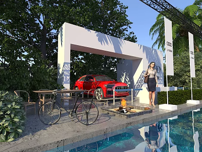 Outdoor Scene With White Archway Red Car Woman Green Plants Tables Chairs Bicycle And Pool 3d model