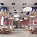 Modern Banquet Hall Featuring Blue Pink Walls Large Decorative Pendant Lights White Chairs And Round Tables