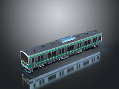 Detailed Gray Model Train Featuring Green Stripes Windows Skylight And Reflective Design 3d model