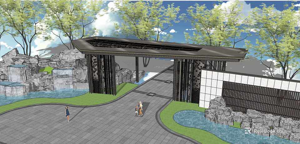 Elegant Entrance Gate Featuring Modern Design Trees Rock Features And Water Pools 3d model 