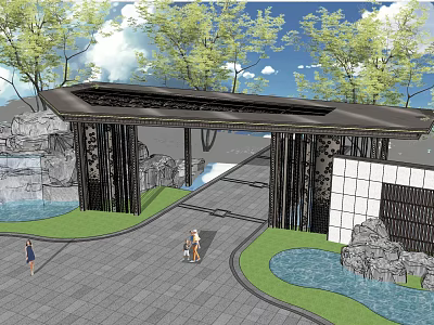 Elegant Entrance Gate Featuring Modern Design Trees Rock Features And Water Pools 3d model