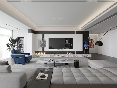 Modern Living Room Interior Design With Gray Sofa Blue Armchair Fireplace And TV Wall 3d model