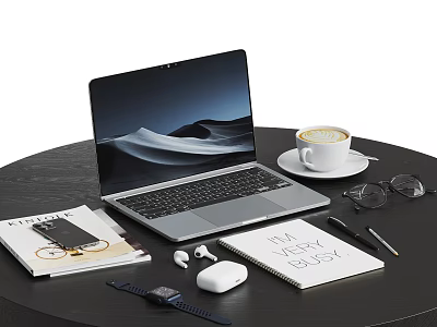 Laptop On Black Table With Coffee Cup Work Notebook Headphones And Glasses 3d model