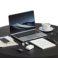 Laptop On Black Table With Coffee Cup Work Notebook Headphones And Glasses