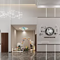 Elegant Marketing Center Interior Design With Chandeliers Reception Desk And Display Shelves