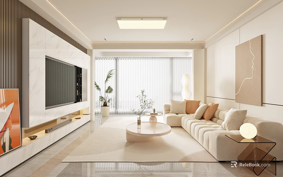 Modern Living Room With White Marble TV Wall Beige Sofa And Large Windows 3d model 