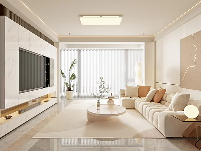 Modern Living Room With White Marble TV Wall Beige Sofa And Large Windows 3d model