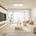 Modern Living Room With White Marble TV Wall Beige Sofa And Large Windows
