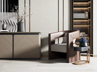 Elegant Modern Brown Leather Single Seater Sofa With Neutral Cushion Side Table And Vase 3d model