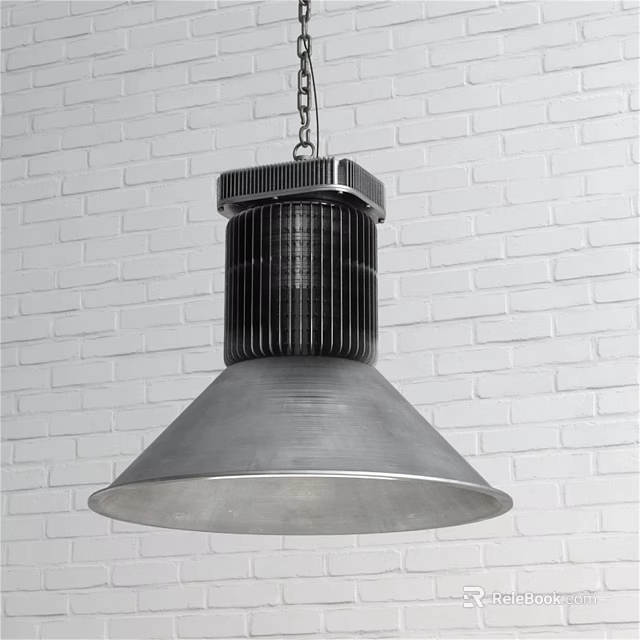 Modern Industrial Metal Chandelier With Wide Shade Suspended Against White Brick Wall Design 3d model 