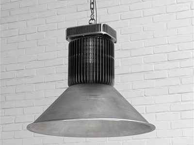 Modern Industrial Metal Chandelier With Wide Shade Suspended Against White Brick Wall Design 3d model