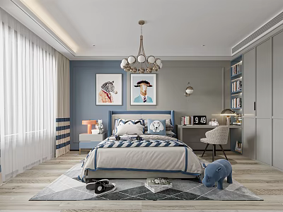 Modern Kids Room Interior Design With Blue Walls Art Bed Desk And Elephant Toy 3d model