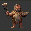 Cartoon Caveman Character In Fur Clothing Holding Paintbrush And Palette With Paint Splatters