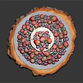 Three Tier Fresh Berry Cake With Golden Decoration On Wooden Base
