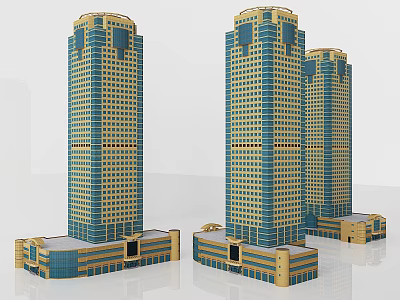 Modern Tall Residential Building With Yellow And Blue Glass Facade And Podium Base 3d model