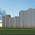 Modern High Rise Residential Buildings Exterior With White Beige Facade Green Lawn And Blue Sky
