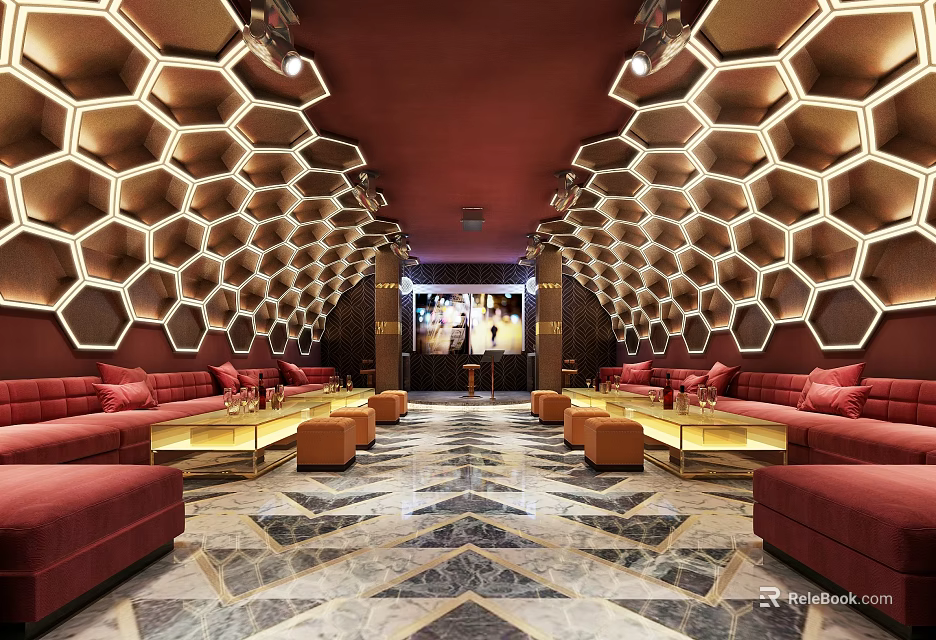 Luxurious KTV Interior Design With Hexagonal Wall Panels Red Sofas And Marble Flooring 3d model 