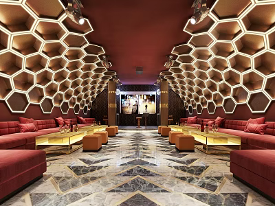 Luxurious KTV Interior Design With Hexagonal Wall Panels Red Sofas And Marble Flooring 3d model
