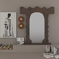 Scalloped Wooden Frame Mirror with Decorative Painting Candles and Books on Shelf