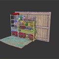 Wooden Storage Shelf With Bags Crates And Rug Next To Wooden Panel