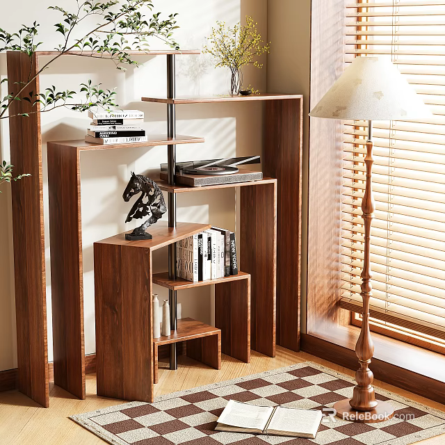 Modern Wooden Shelving Unit With Multi tier Design For Books And Decorative Items In Living Room 3d model 