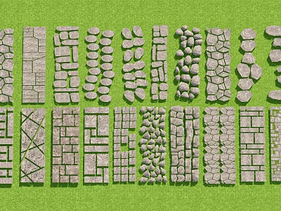 Garden Decorative Stone Slabs With Various Patterns Arranged On Green Lawn 3d model