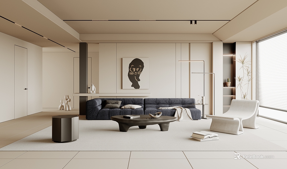 Minimalist Living Room With Navy Blue Sofa White Armchair Black Coffee Table And Wall Art 3d model 