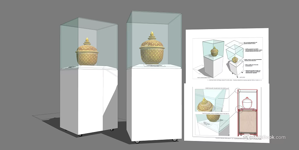 Transparent Glass Display Cabinets with White Bases for Ornament Display and Design Sketches 3d model 
