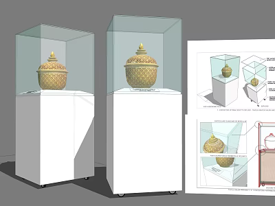 Transparent Glass Display Cabinets with White Bases for Ornament Display and Design Sketches 3d model