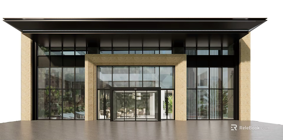 Modern Commercial Storefront With Large Glass Windows Light-Colored Pillars And Metal Frames 3d model 