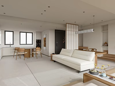 Modern Living and Dining Room Interior With White Sofa Dining Table Windows and Rug 3d model
