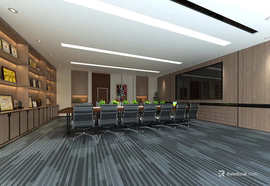 Modern Conference Room Interior With Long Table Chairs Wooden Walls Bookshelves And Striped Carpet 3d model 