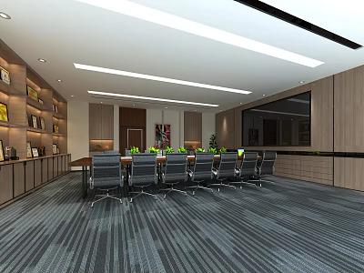 Modern Conference Room Interior With Long Table Chairs Wooden Walls Bookshelves And Striped Carpet 3d model