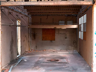 Abandoned Building Interior With Exposed Wooden Ceiling Damaged Walls Broken Windows And Floor Drainage Grate 3d model