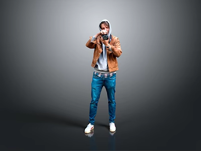 Man With Hoodie In Brown Jacket Blue Jeans Taking Photo With Camera On Gray Background 3d model