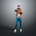 Man With Hoodie In Brown Jacket Blue Jeans Taking Photo With Camera On Gray Background