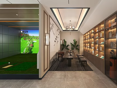 Indoor Golf Simulator Fitness Space With Lounge Area Tables Chairs Green Plants And Display Cabinets 3d model